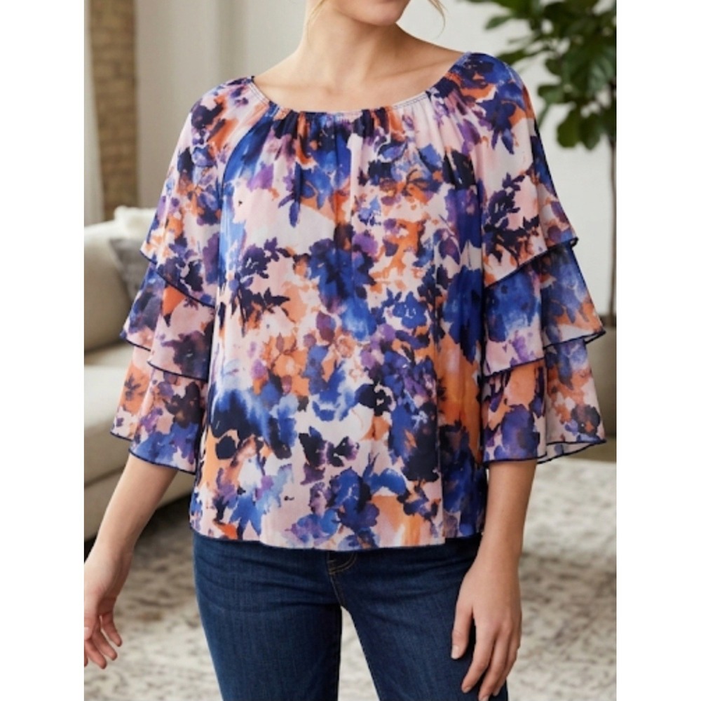 Perseption Concept‎ Blouse Women Small Ruffle 3/4 Sleeve  Floral Blouse NWT